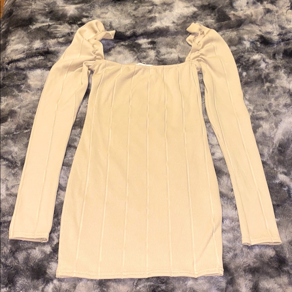 Sand Ruffle Shoulder Mini Dress